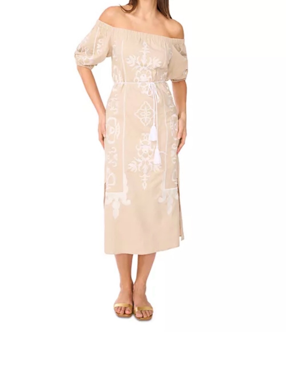 Vince Camuto Off Shoulder Embroidered Midi Dress Beige Cream Floral Size M